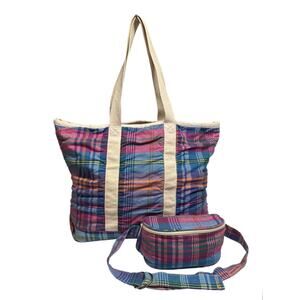 Vtg Eddie Bauer Plaid Madras Patchwork Canvas Boat Tote Y2K & Matching Fanny Pak